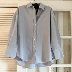 Zara White Blue Pinstripe Button Down Oversized Boyfriend Classic Shirt Small S